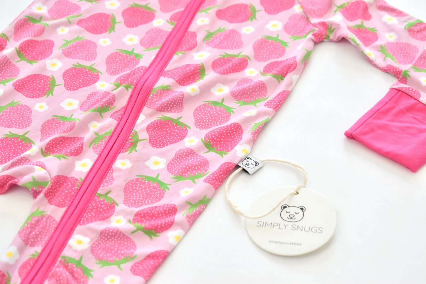 Cute pink strawberry pajama with fold over hand mittens