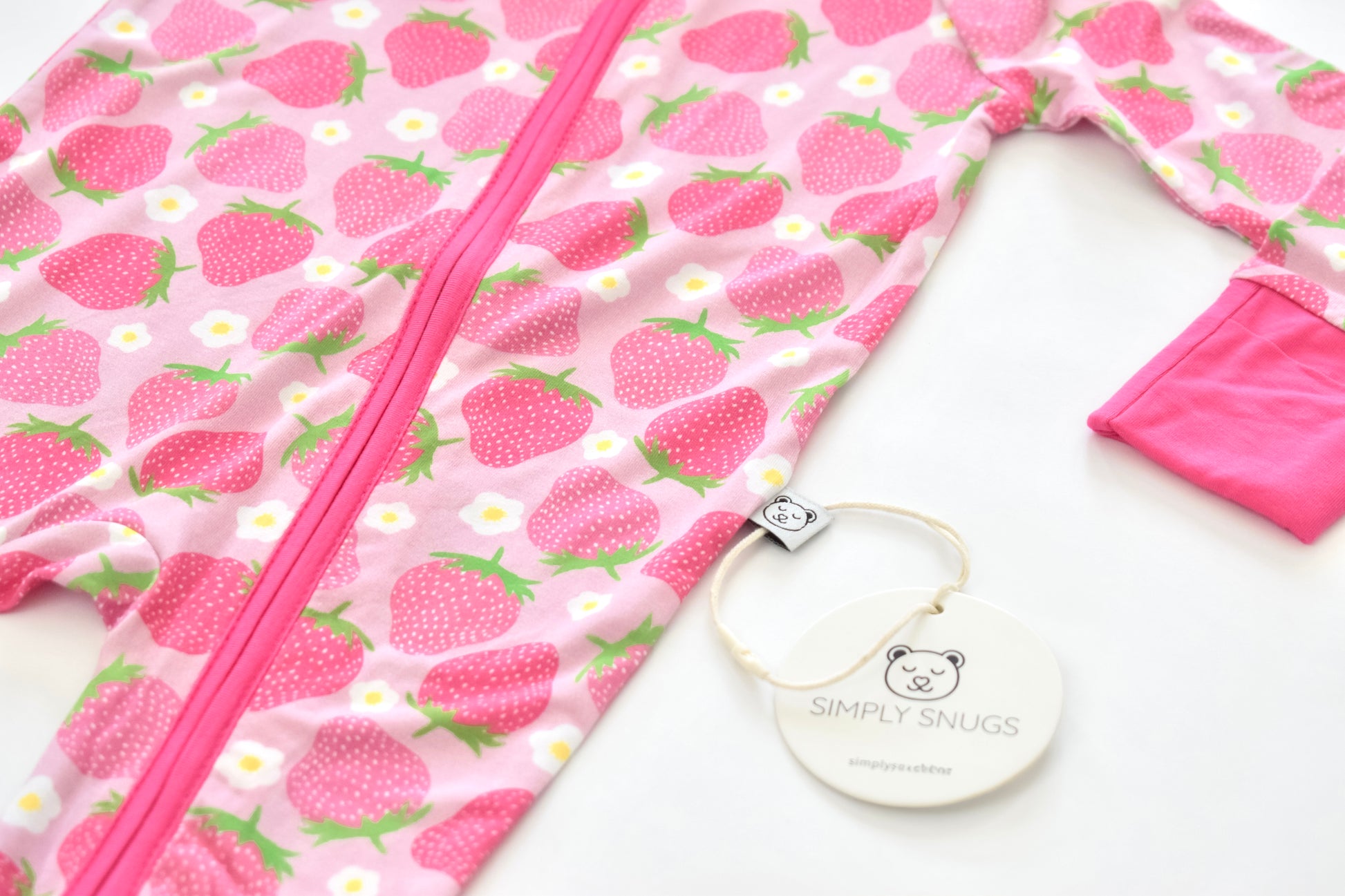 Cute pink strawberry pajama with fold over hand mittens