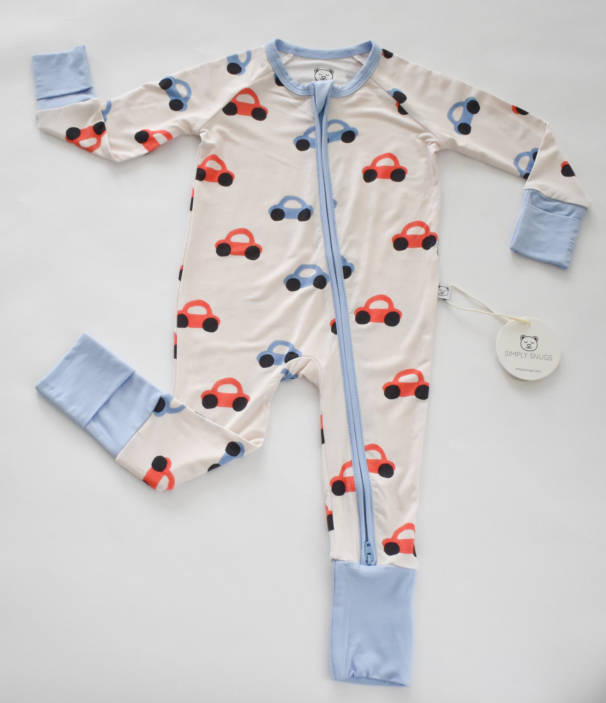 Baby convertible pajama with car pattern and blue accents