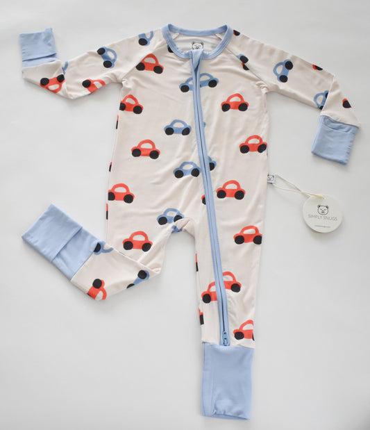 Baby convertible pajama with car pattern and blue accents